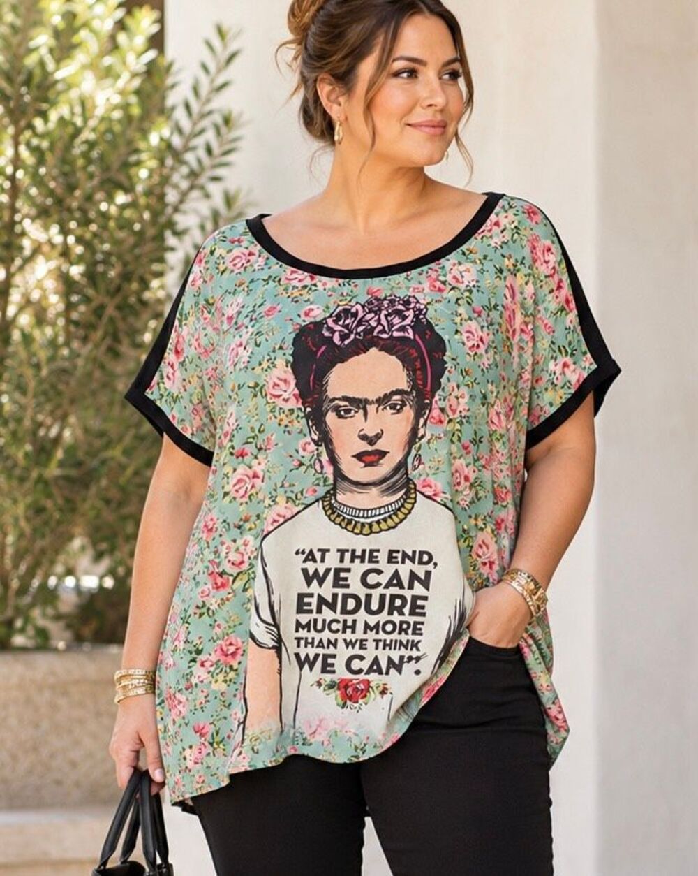Frida Kahlo Floral Graphic Oversized Tunic Top Size 3 Boho Art